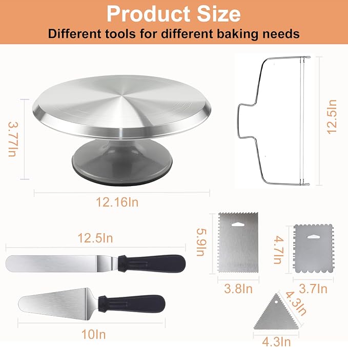 Aluminium Cake Turntable Set with Revolving 12 Inch Cake Stand for Decorating, Offset Spatula, Cake Server, Stainless Steel Frosting Icing Smoother, Pastry Bags and Other Baking Tools（16Pcs）