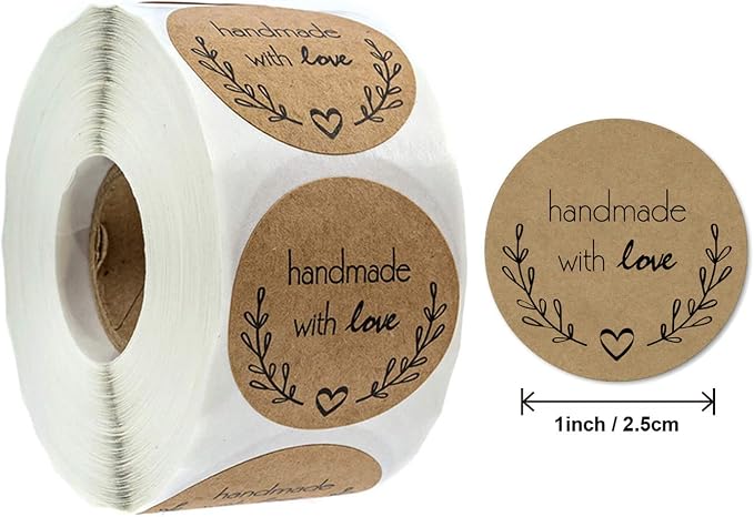 Handmade Stickers Rolls - 4 Rolls 2000 Pieces Handmade with Love Stickers Labels for Envelopes, Bubble Mailers Gift Bags Packaging Party Wrap Decor, 1 Inch，500 Pieces Each Roll