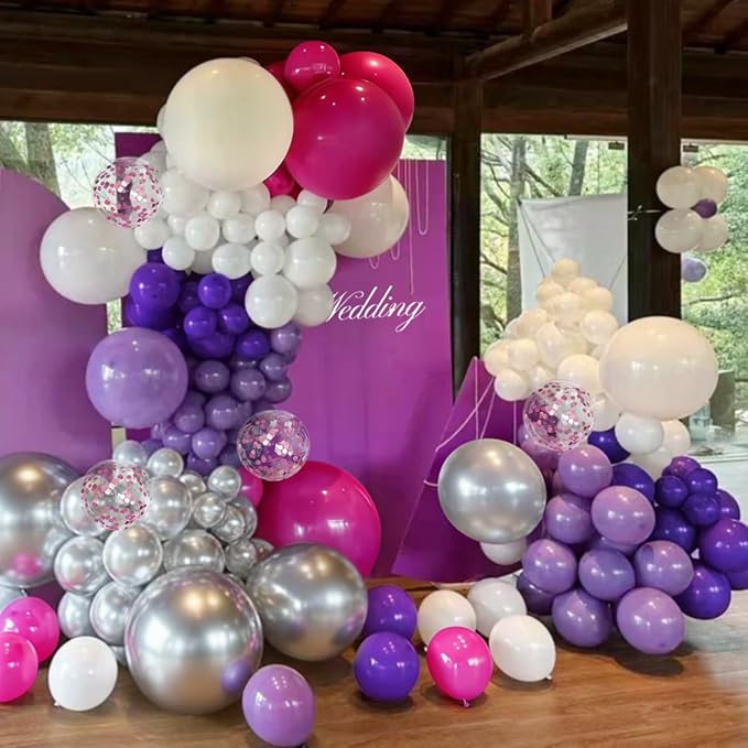 MEBAY Hot Pink Purple Silver White Baloon Garland Arch Kit, 147Pcs Latex Balloons Different Sizes 18 12 10 5 inch for Women Girls Wedding Birthday Baby Shower Party Decorations