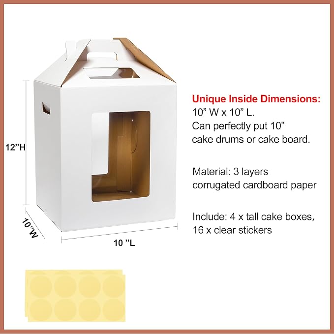 Mcfleet Tall Cake Boxes 4 Pack 10x10x12 for Tier Cakes with Window - 10 Inch Disposable Large Layer Bakery Carrier with Handle - Bakery Safe Transport Box for Wedding, Birthday, Party