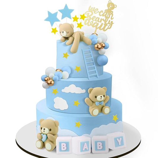 Yinder Bear Cake Toppers Mini Bear Cake Decorations Cake Toppers Gold White Pearl Ball for Birthday Party Decorations(Blue, Brown,Cute Style)