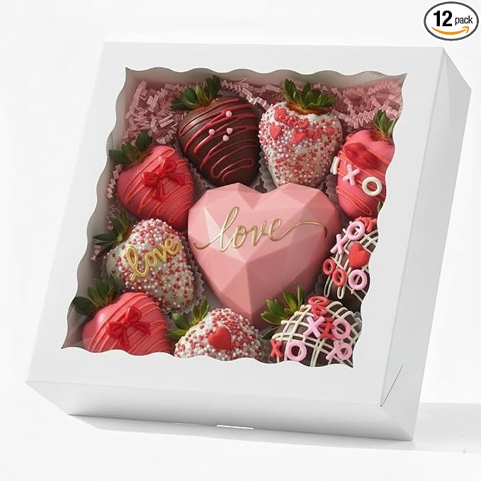 12PCS 9X9X2.5 Inches White Cookie Boxes with Window, Gift-Ready Pastry Box for Chocolate Strawberries, Macarons, Truffles, Perfect for Valentine's Day, Mother's Day, Christmas Party Favors