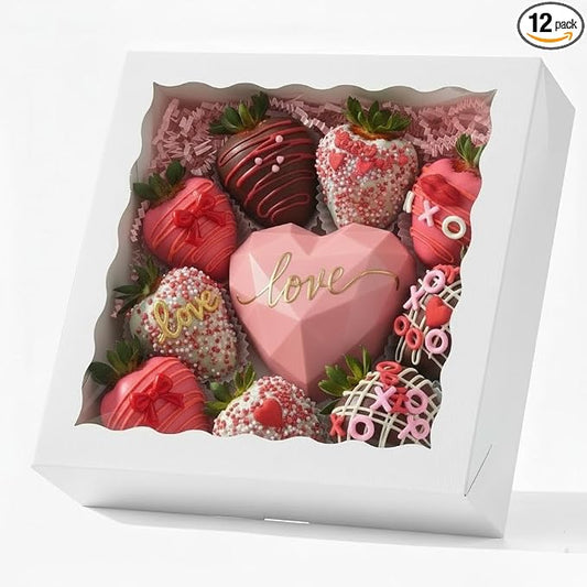 12PCS 9X9X2.5 Inches White Cookie Boxes with Window, Gift-Ready Pastry Box for Chocolate Strawberries, Macarons, Truffles, Perfect for Valentine's Day, Mother's Day, Christmas Party Favors