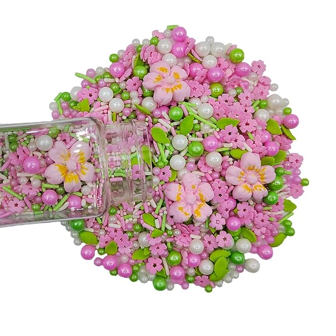 Eastron Pink Flowers Sprinkles Edible Flowers for Cake Decorating White Pink Sugar Pearls Spring Confetti Sprinkles for Cupcakes, Ice Cream, Cookies, Cakes, Donut Dessert Decoration