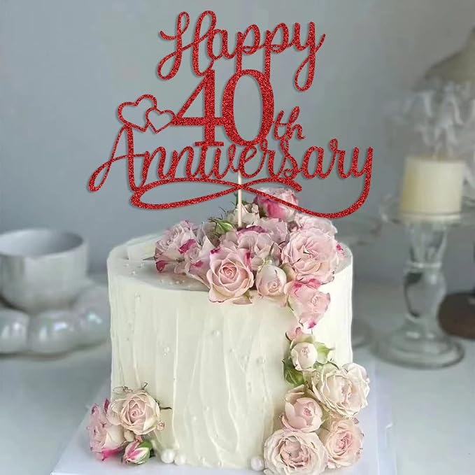Sleyberoy red Glitter Happy 40th Anniversary Cake Toppers -Wedding Anniversary Party Decorations, 40th Wedding Anniversary, Company Anniversary Party, Birthday Party Decorations