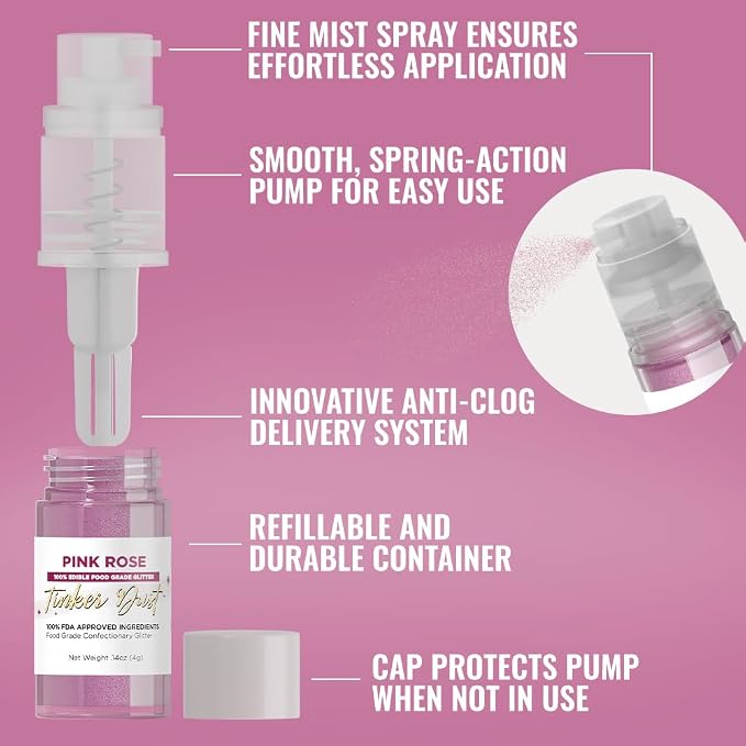 Bakell - Pink Rose Tinker Dust (4g, 1x Mini Spray Pump) Edible Glitter for Food, Desserts, and Baked goods!