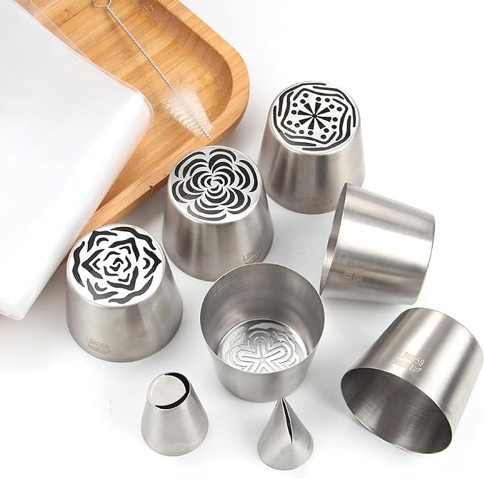 6 Pcs Stainless Steel Extra Large Russian Tulip Icing Tips Kit, Frosting Flower Piping Tips, 6 Russian Icing Tips,2 Cake Decorating Nozzles,1 Cleaning Brush,10 Disposable Pastry Bags for Baking