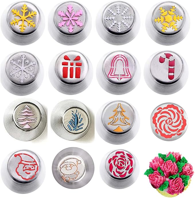 15pcs Christmas Russian Icing Piping Tips Set Flower Frosting Tips Nozzles Stainless Steel Piping Nozzles Cake Decoration