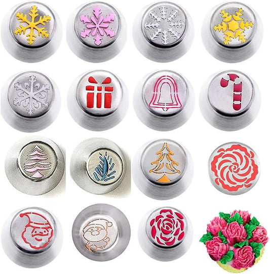 15pcs Christmas Russian Icing Piping Tips Set Flower Frosting Tips Nozzles Stainless Steel Piping Nozzles Cake Decoration