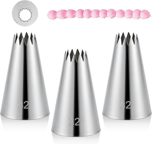3 Pieces #32 Cake Piping Tip Open Star Icing Tip Seamless Icing Tips Stainless Steel Cupcake Piping Tips for Frosting Macarons Dessert Cake Decorations, Sliver