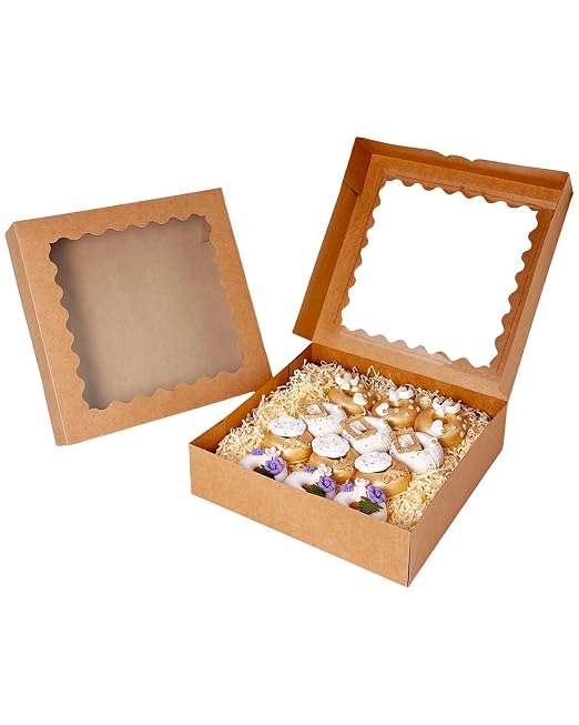 Bakepacker 20pcs Brown Pie Boxes 12x12x3 inches Easy Assemble Macaroon Cookie Boxes Bakery Boxes with Window for Bakery (Auto-pop Up)