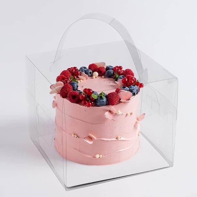 KEILEOHO 50 PCS 5 x 5 x 4 Inch Transparent Bakery Boxes, Clear Cake Box, Plastic Cake Carrier with Lid and Handle Transparent Gift Favor Box Cupcake Treat Boxes for Party, Wedding