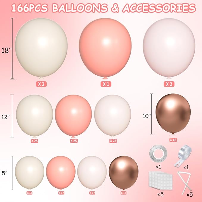MEBAY Pink and Gold Balloon Garland Arch Kit, 166Pcs Dusty Pastel Pink White Sand Rose Gold Metallic Balloons for Wedding Bridal Shower Women Birthday Party Decoration