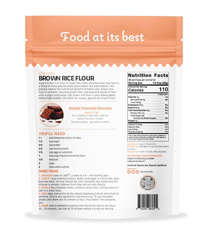 Quay Naturals Organic Brown Rice Flour Finely Milled 2 lb – Gluten Free, Non‑GMO, Whole Grain, Vegan Baking Flour, Stone Ground All Purpose Flour