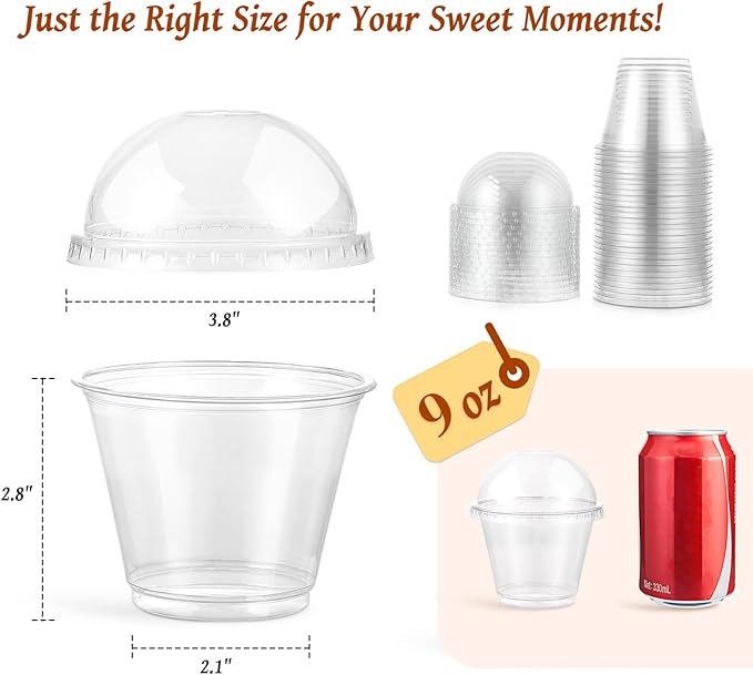 AOZITA 100 Sets, 9 oz Clear Plastic Cups with Dome Lids (No Hole) - Disposable Cups for Ice Cream,Cake,Fruit,Parfait, Dessert, Pudding and Jello Shot ﻿
