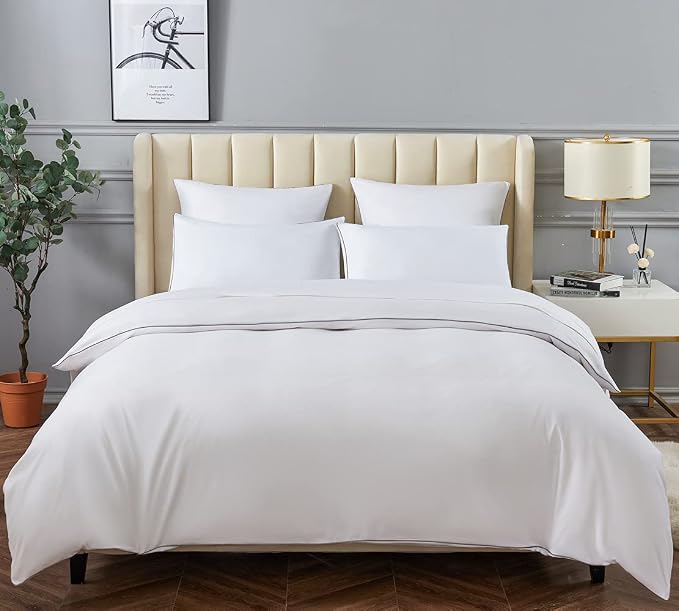 DAUAOTO Twin/Twin XL Bedding Set - 1 Duvet Cover + 1 Pillow Sham, White with Decorative Grey Piping, Dorm Microfiber Bedding