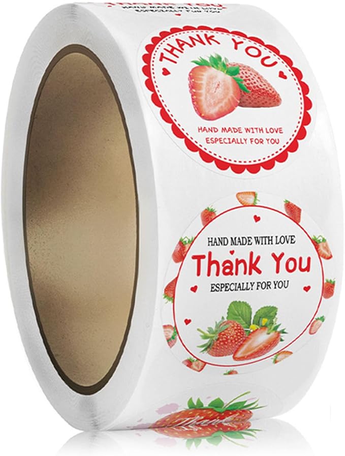 500PCS Strawberry Thank You Stickers Pink Red Hand Made with Love 1 Inch Round Roll Stickers Cute Fruit Decals StrawberryThemed Birthday Party Favors Envelope Seals Cards Gift Wrapping(Strawberry)