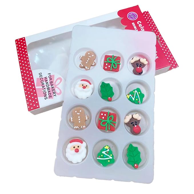 Sentovac 12 Pcs Christmas Icing Decoration Santa Claus Christmas Tree Christmas Leaf Gingerbread Man Deer head Gifts Mix Candy Dessert Edible For Cookie Cake Cupcake Topper Icing Decoration Supplies