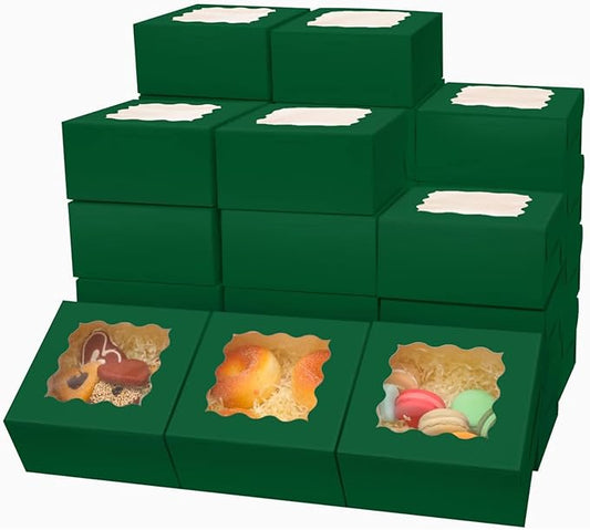 Bakepacker 60pcs Deep Green Bakery Boxes with Window 6x6x3 inches Thick & Sturdy Macaroon Pastry Boxes Cookie Boxes for Bakerys