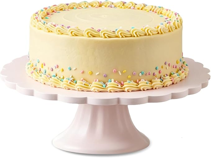 Vesici Pink Wooden Cake Stand Scalloped Reusable Round Cake Stand Dessert Holder for Cupcake Donut Dessert Wedding Baby Shower Party Supply (10" L x 10" W x 3" H)