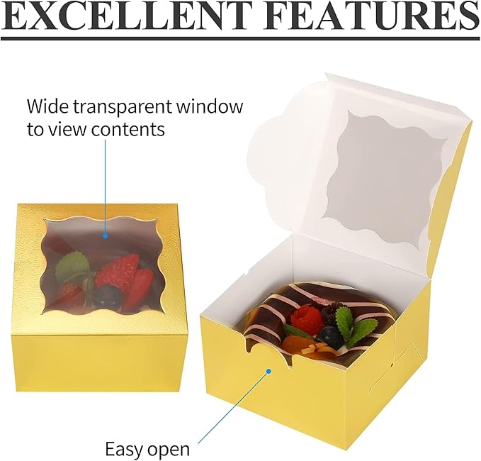KPOSIYA 120 Pcs Gold Bakery Boxes with Window - 4x4x2.5 Inch Individual Cupcake & Cookie Boxes - Kraft Paper Gold Gift Box for Pastries, Cookies, Pie, Donuts, Macaroon