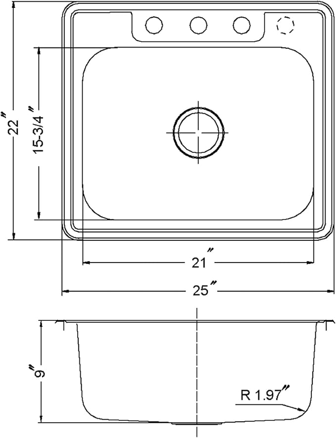 Houzer Glowtone Stainless Steel Kitchen Sink: 25 Inch Drop-in Topmount 4-Hole Single Bowl with Strainer, Durable & Versatile, Essential for Home & Apartment: 2522-9BS4-1