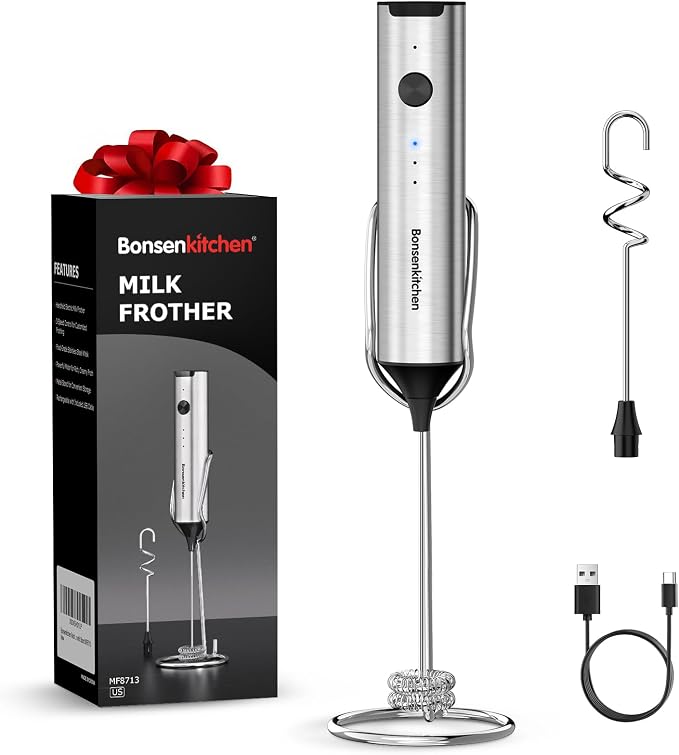 Bonsenkitchen Rechargeable Milk Frother with Stand, 3-Speed Handheld Coffee Frother, Dual Spring Whisk Electric Hand Frother Wand Drink Mixer for Lattes Cappuccino Protein, Kitchen Gifts