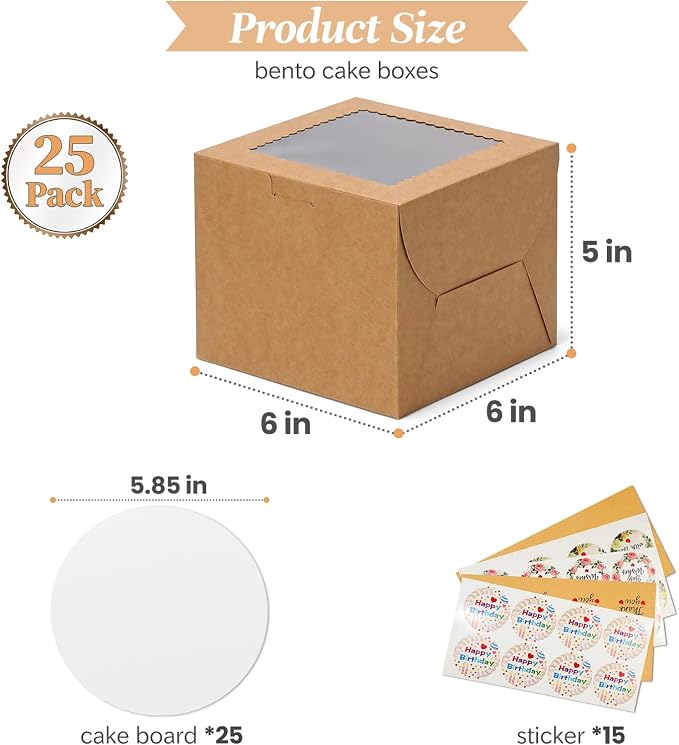COTOPHER 50pcs 6x6x5 Inch Mini Cake Boxes, 6 Inches Small Bakery Box (25 Boxes & 25 Boards), Bento Cake Containers for Cookies, Cupcake, Desserts, Birthday, Party, Wedding, Valentine's Day