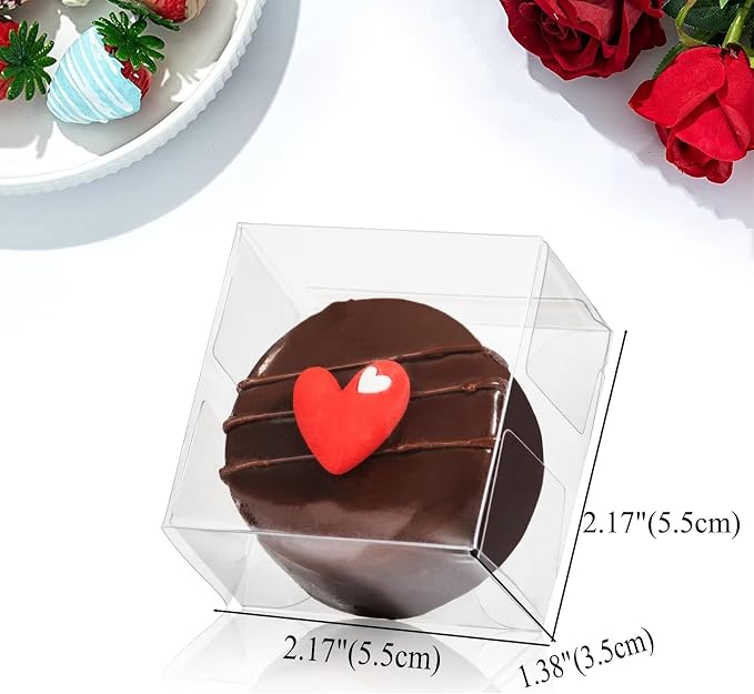 RomanticBaking 100pcs 2.17" × 2.17" × 1.38" Inch Chocolate Covered Mini Cookies Boxes Strawberry Macaron Boxes Clear Bakery Boxes for Gumballs, Pretzel,Browine,Malt Balls,Wedding Favors Party Boxes