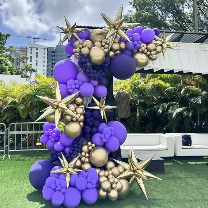 Purple and Gold Balloon Arch Kit, 162Pcs Dark Purple Gold with Stars Balloon Garland kit, Different Size Balloons for Birthday Baby Shower Anniversary Adults Prom Luxury Party Decorations