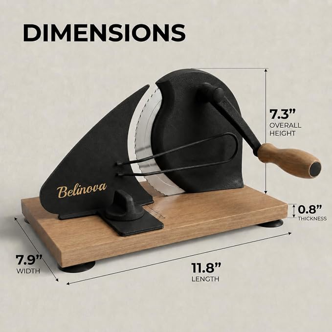 Sourdough Bread Slicer for Homemade Bread, Adjustable Thickness, Hand Crank | Adjustable thickness up to 0.9 in, 430 stainless steel blade, anti-jam guide, solid wood base, suction feet, and hand crank.