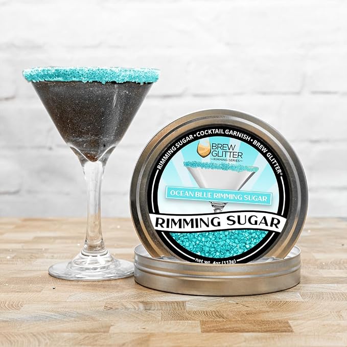 Brew Glitter - Ocean Blue Rimming Sugar (4oz, 1x Bar Tin) Cocktail Garnish for Mixed Drinks & Refreshments