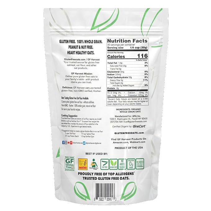GF Harvest Gluten Free Organic Whole Grain Oat Flour, 32 Ounce Bag
