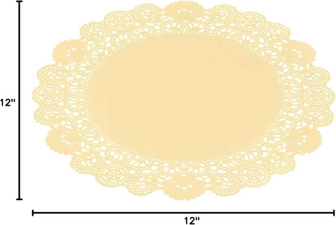 Restaurantware-Pastry Tek 12 x 12 Inch Paper Lace Doilies, 4000 Disposable Table Doilies - Elegant Lace Finish, Long Lasting, Yellow Paper Placemat, for Pastries, Cupcakes, Desserts