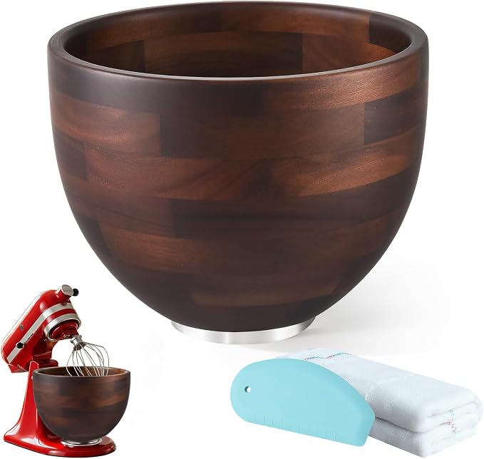 Premium Acacia Wooden Mixing Bowl for K45 & KSM150 Series, 4.5&5 Qt Tilt-Head Models, Natural Wood Bowl with Stainless Steel Precision Locking Base for Kitchen Aid Mixers(Acacia)