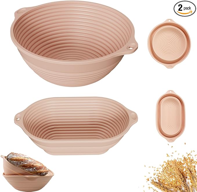2-Pack Silicone Bread Proofing Basket,10" & 9" Collapsible Banneton for Sourdough, Non-Stick Dishwasher Safe Alternative to Rattan, Professional Baking Supplies(Round Pink+Oval Pink)