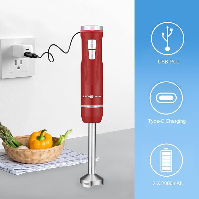 Liebe&Lecker Cordless Immersion Blender, 3-in-1 Handheld Stick Blender | Rechargeable Electric Mixer Set with Whisk & Milk Frother, 8-Speed Hand Blender for Shakes, Soups, Coffee, Zero BPA (Red)
