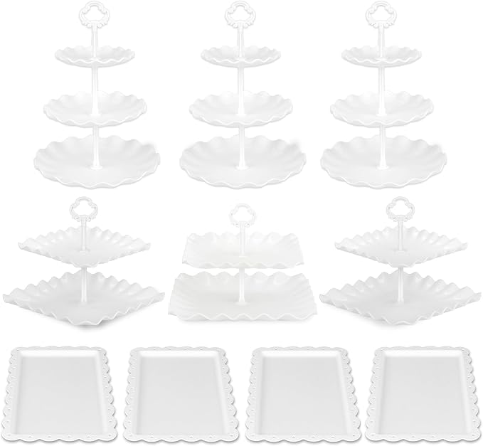 Pack of 11 NWK Cake Stand Set, with 3 x Two-Tier and 3 x Three-Tier Cupcake Stands, 4 x Appetizer Trays, 1 x Tablecloth for Birthday Bridal Baby Shower Party (White)