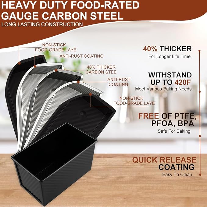 2 Pack 9 * 4 Inch Pullman Loaf Pan with Lid, 1 lb Dough Capacity Non-Stick Bread Loaf Pan,Carbon Steel Coating Sandwich Bread Pan for Bakeware Homemade Sourdough Oven Baking