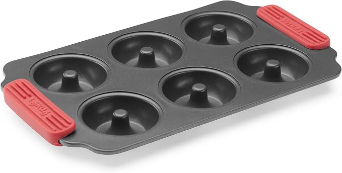 Lékué Non-Stick 6 Hole Donut Mold - Carbon Steel Oven Baking Pan with Platinum Silicone Handles, Even Heat, Dual Non-Stick Ceramic Coating, Scratch Resistant, PFOA & PFA-Free, 12.2 x 7.1 x 1.2"