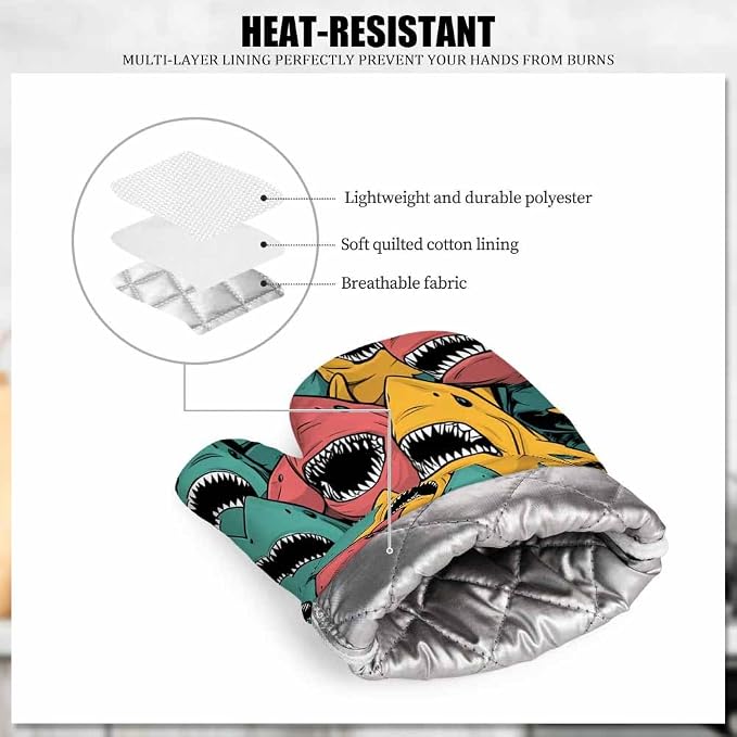 Mxocom Shark Oven Mitts and Pot Holders Sets Sea Ocean Fish Angry Sharks Wide Mouth White Teeth Aqua Silicone Heat Resistant Kitchen Oven Gloves Pot Holder for Cooking