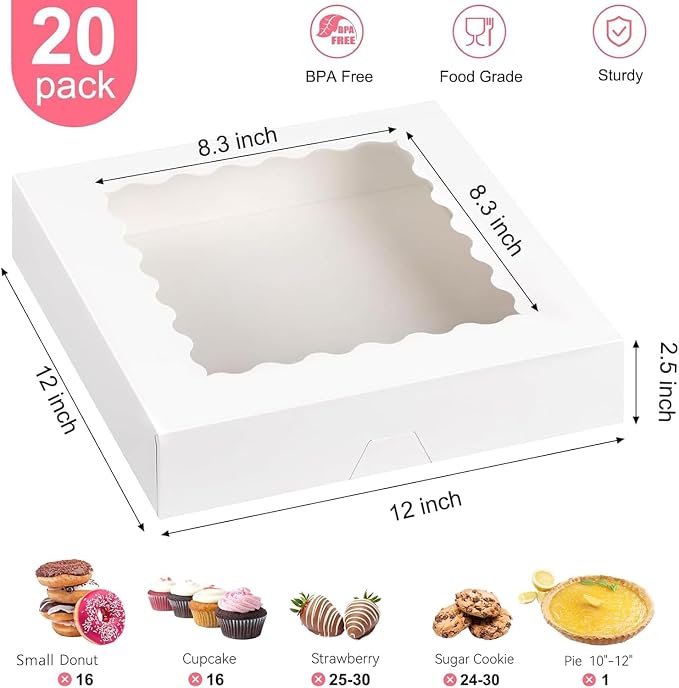 Kucoele Pie Boxes, 12 x 12 x 2.5 Inches, 20 PCS, White | Auto-Popup, with Window, Bakery Boxes, Cookie Boxes, Treat Boxes, For Chocolate Strawberries, Pastries, Muffins, Donuts