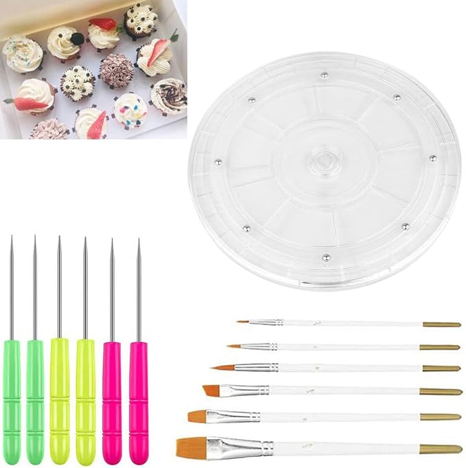 Cookie Decorating Kit Supplies 8 Inch Including 1 Acrylic Turntable, 6 Decoration Brushes 6 Scribe Needle, Cookie Turntable Decorating
