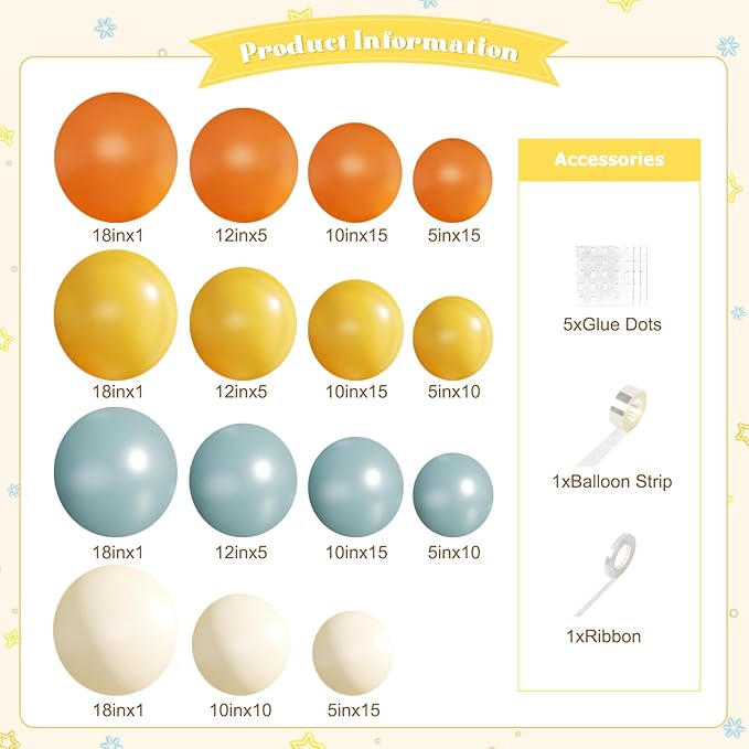 Here Comes the Son Balloon Arch Kit, 124Pcs Boho Retro Dusty Blue Burnt Orange Yellow Ivory White Balloons for Baby Shower First Trip Around the Sun Sunshine Theme Birthday Party Decorations