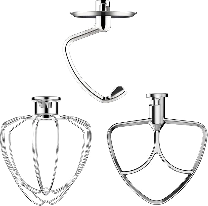 Stainless Steel Mixer Attachments for KitchenAid 4.5-5 Qt Tilt-Head Stand Mixer, Dishwasher Safe Set with Wire Whip, Dough Hook and Flat Beater, Heavy Duty Replacement Accessories for Baking