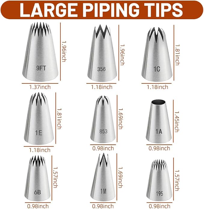9PCS Large Piping Tips Set,Balanced variety Cake Decorating Tips with brush | for all skill levels baker,Traditional Standard Tips Baking Tools for making Cupcakes,cookies,Cake Decorating