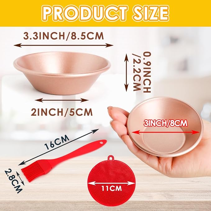 3 Inch Egg Tart Molds Set of 4, Gold Carbon Steel Mini Tart Pan Non-Stick Tartlet Pans, Includes Oil & Dish Brushes for Baking Cupcake Cake Muffin Mold Tin Pan for Cakes, Cookies, Desserts