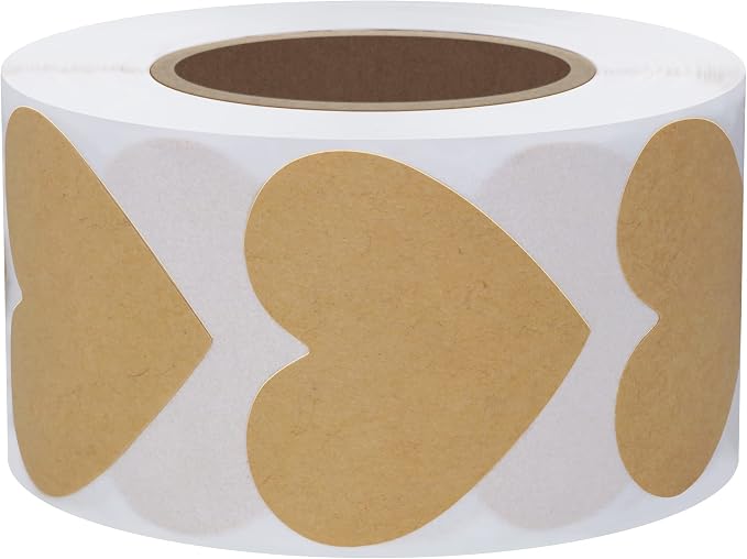 Hybsk Kraft Love Heart Stickers 1.5 Inch Adhesive Labels 500 Per Roll (Kraft)