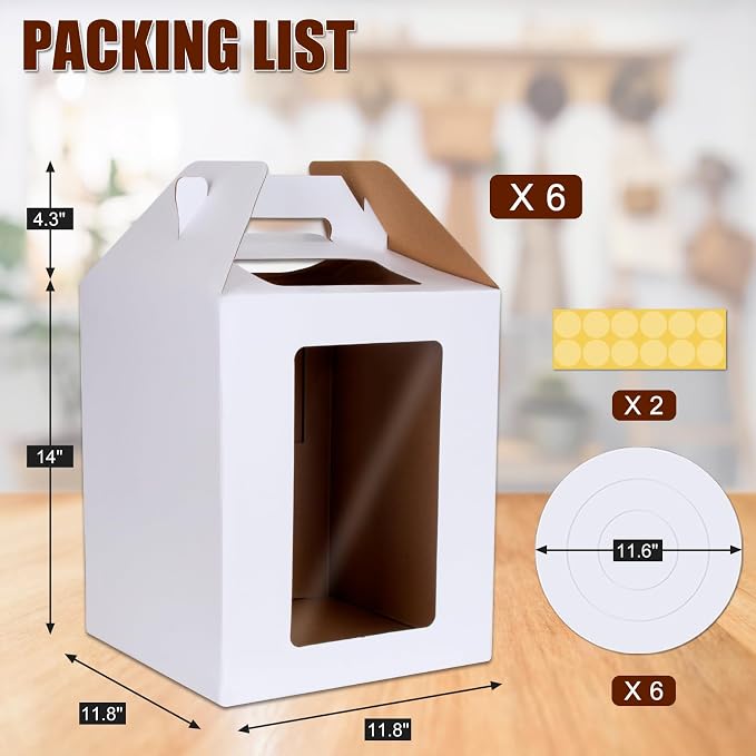 KintKita Tall Cake Boxes 12x12x14 IN,6 Pack Tier Cake Carrier with Cake Boards,Disposable Tiered Cake Carrier with 4 windows for Wedding,Birthday,Party,Bakery Supplies