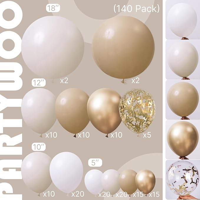 PartyWoo Neutral Balloon Arch Kit Garland 140pcs Different Sizes of 18 12 10 5 Inch Off White Sand Cream Ivory Gold Confetti Boho Balloons for Bridal Baby Shower Engagement Birthday Party Decorations